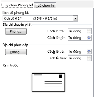 Tab tùy chọn phong bì cho thiết đặt kích cỡ phong bì và phông chữ cho địa chỉ
